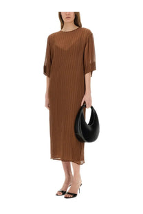A sleek black leather crescent-shaped handbag paired with alysi womens silk midi dress brown