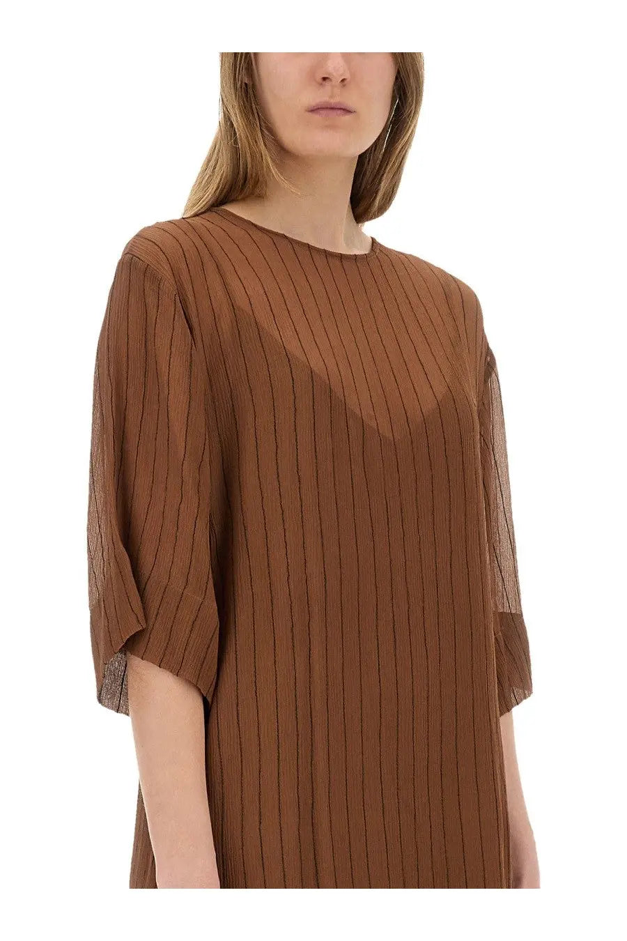 Alysi women’s silk midi dress in brown with vertically ribbed fabric sheer mesh sleeves and relaxed fit