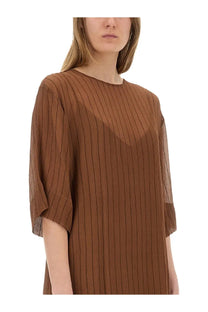 Alysi women’s silk midi dress in brown with vertically ribbed fabric sheer mesh sleeves and relaxed fit