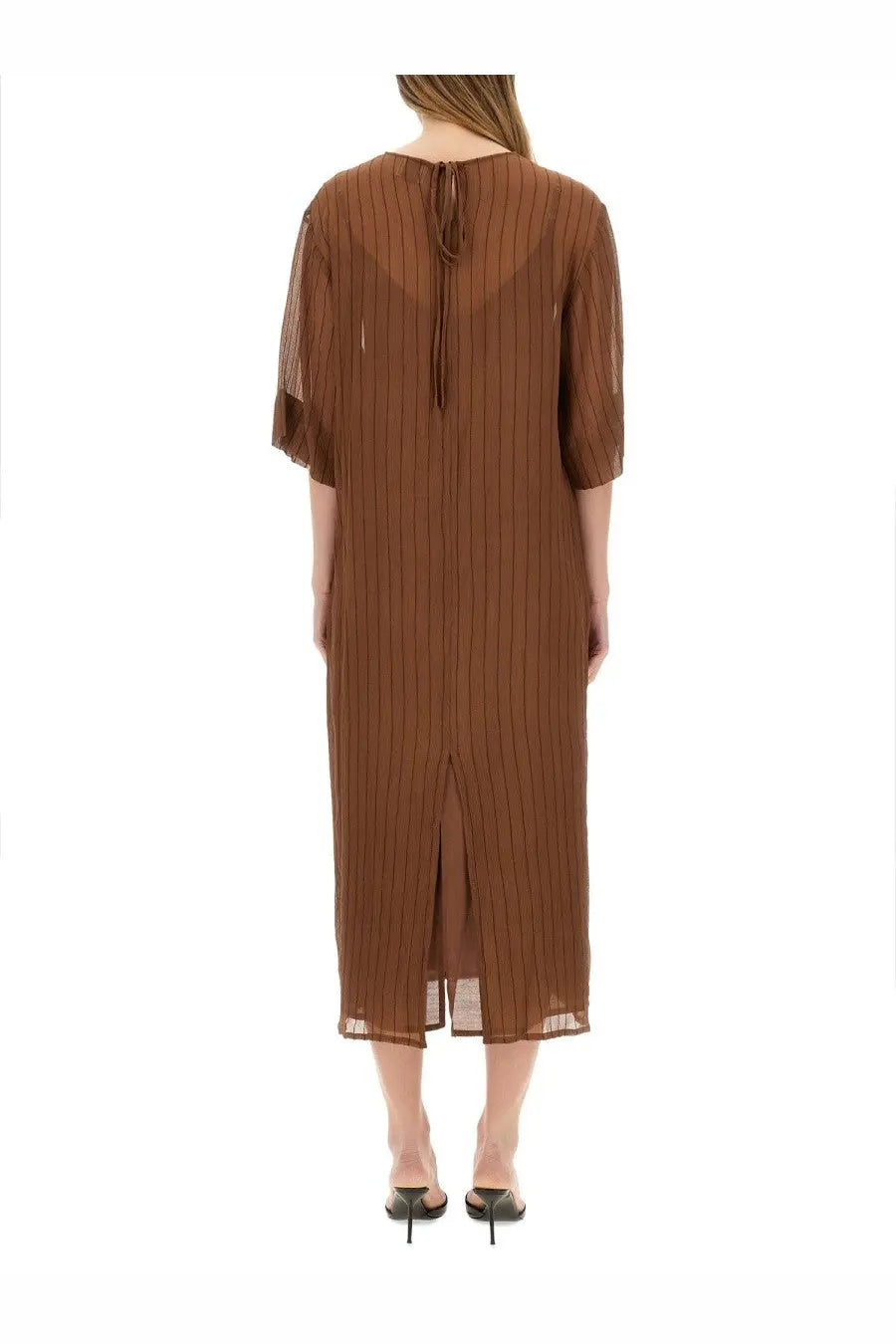 Alysi women’s brown silk midi dress with vertical stripes sheer sleeves and back tie closure shown from the back