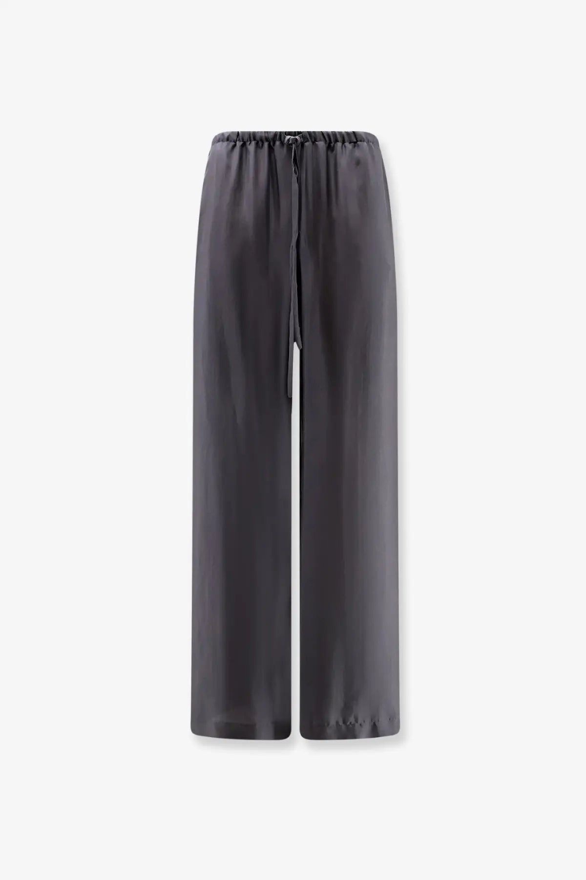 Alysi women’s dark gray silk satin wide-leg trousers with elastic waistband and drawstring in asfalto color