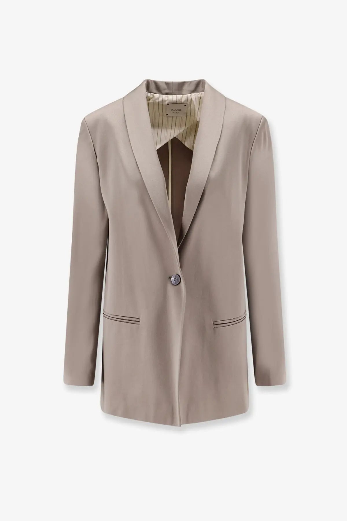 Alysi women’s single breasted satin beige blazer with single button closure and contrast stitching on pockets