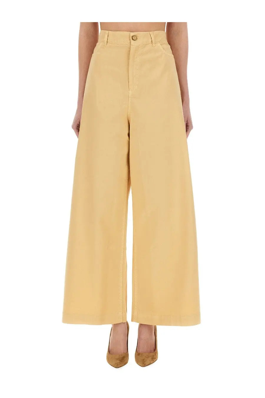 Alysi women’s superflare sporty pants yellow with cream-colored high-waisted wide-leg trousers and minimalist design