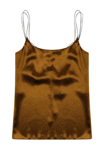 Alysi women’s satin brown camisole with bronze color thin black straps and subtle tie dye pattern