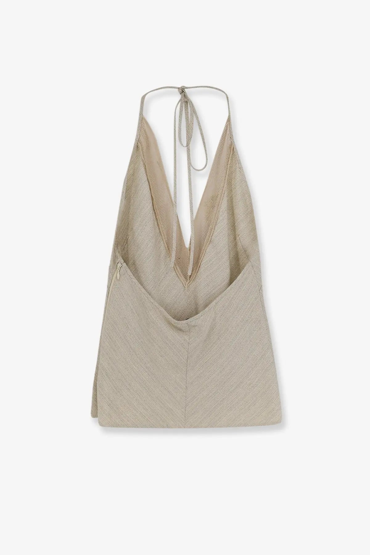 Alysi women’s beige viscose and linen halter top with deep v-neckline and subtle textured fabric