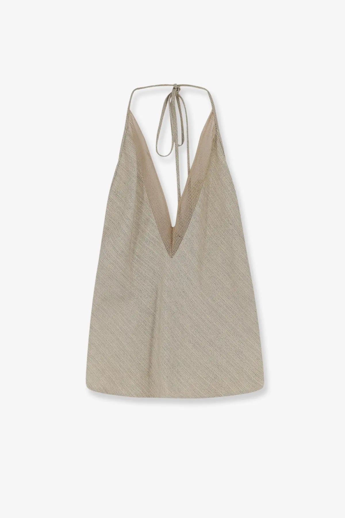 Beige alysi women’s viscose and linen halter top with v-neckline and mesh detailing in white