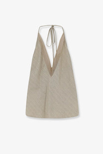Beige alysi women’s viscose and linen halter top with v-neckline and mesh detailing in white