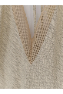 Alysi women’s viscose and linen beige top with v-neckline and textured grid-patterned trim