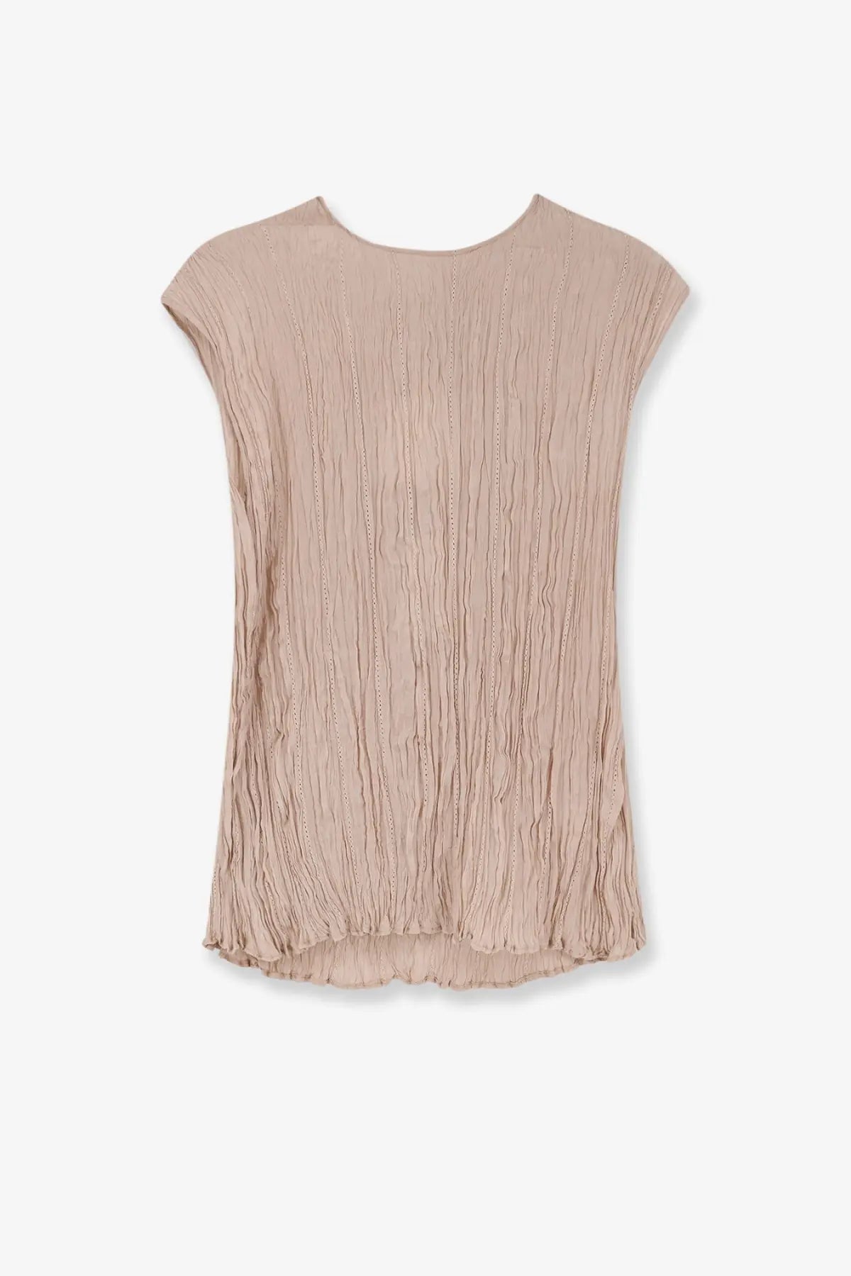 Alysi women’s pink soft beige pleated knit top with rounded neckline and short sleeves for casual wear