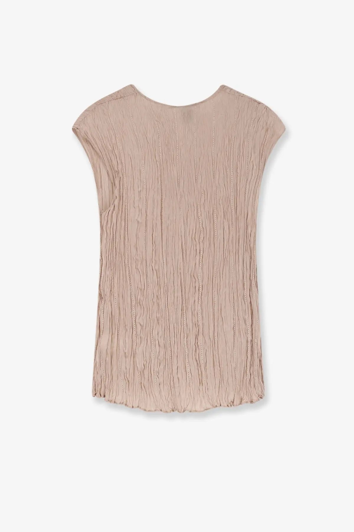 Alysi women’s wrinkle top in soft beige with textured pleated fabric short sleeves and rounded neckline