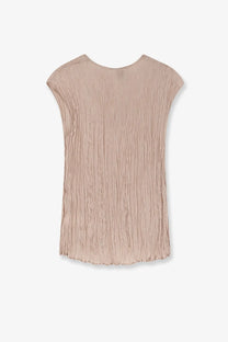 Alysi women’s wrinkle top in soft beige with textured pleated fabric short sleeves and rounded neckline
