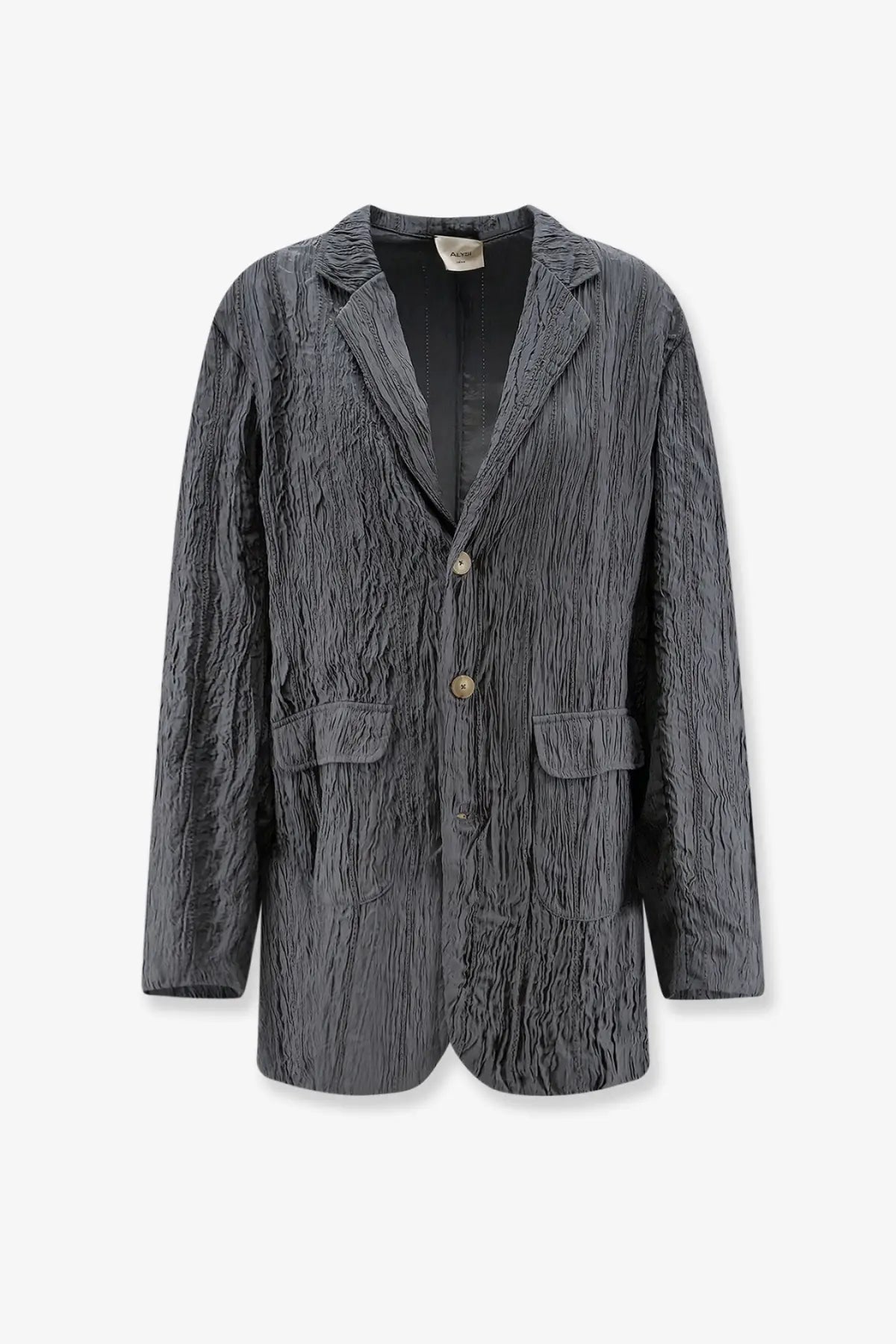 Alysi women’s wrinkled blazer in dark gray textured fabric with crinkled finish and three matching buttons