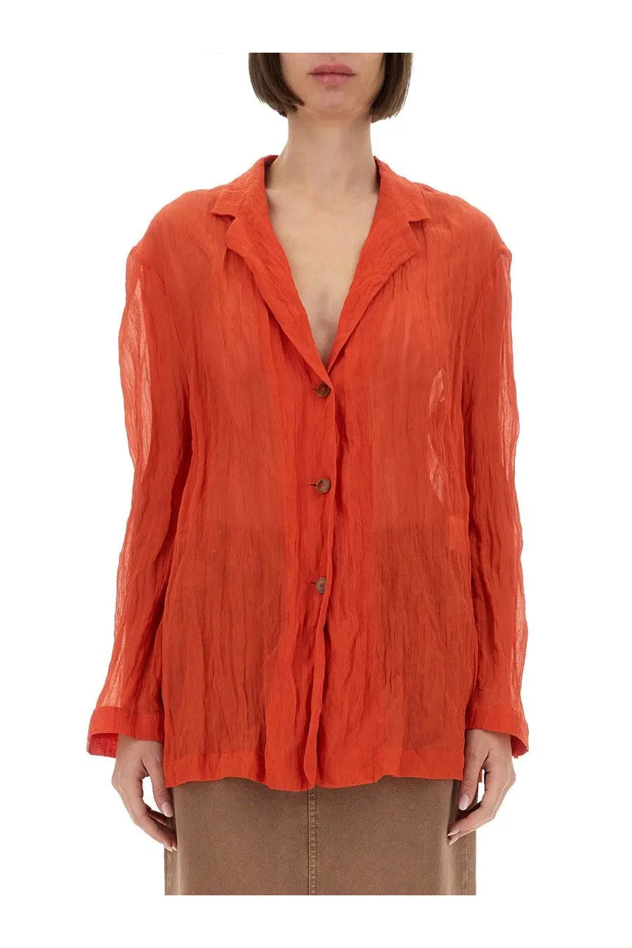 Alysi women’s vibrant orange lightweight crinkled blouse with classic collar and button-front design