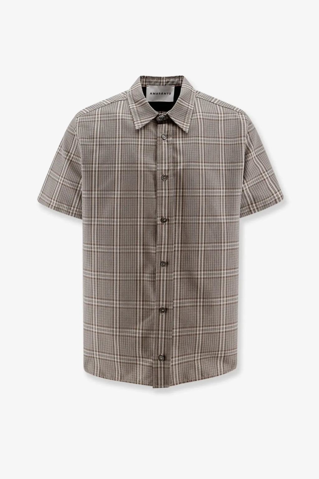 Amaranto men’s madras cotton blend short-sleeved button-up shirt in muted brown and beige plaid with dark buttons and classic collar
