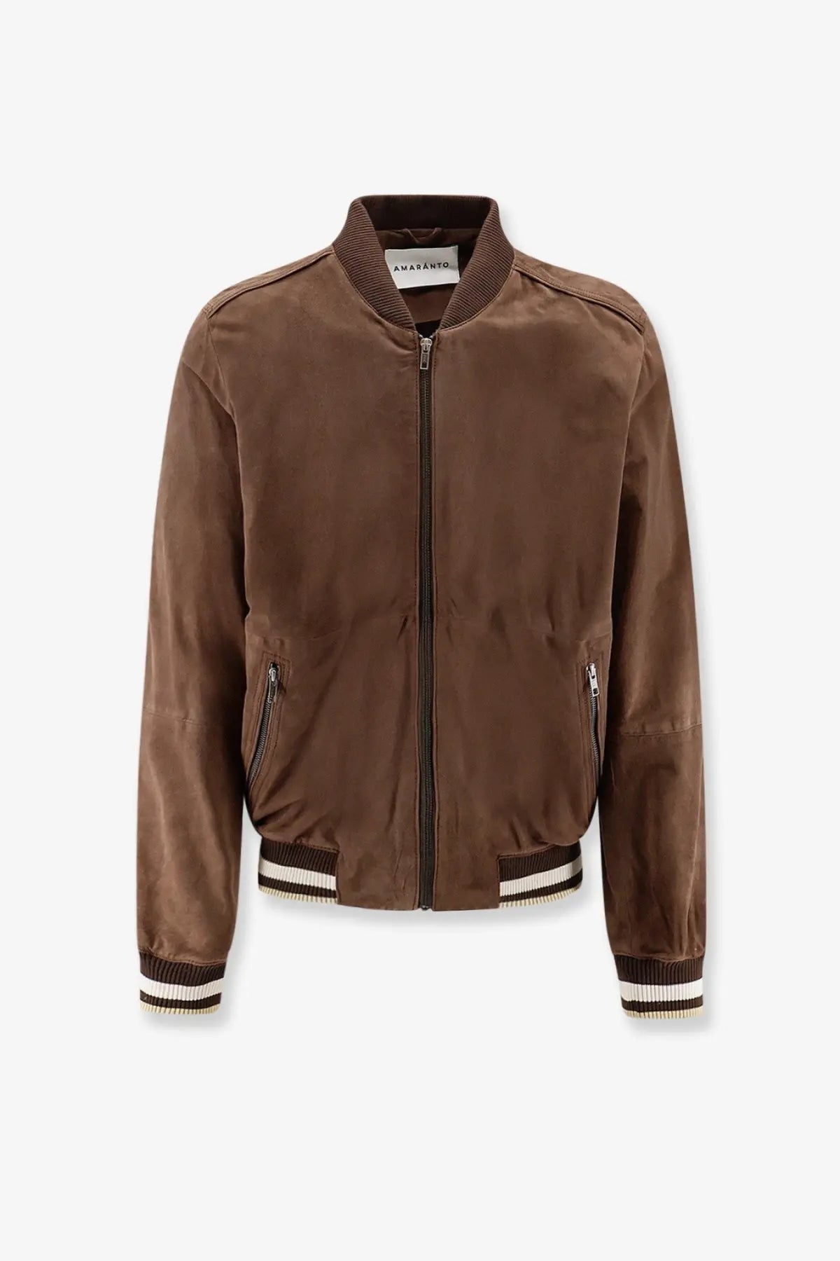 Amaránto men’s suede bomber jacket in brown with ribbed cuffs collar and white stripes at hem and sleeve cuffs