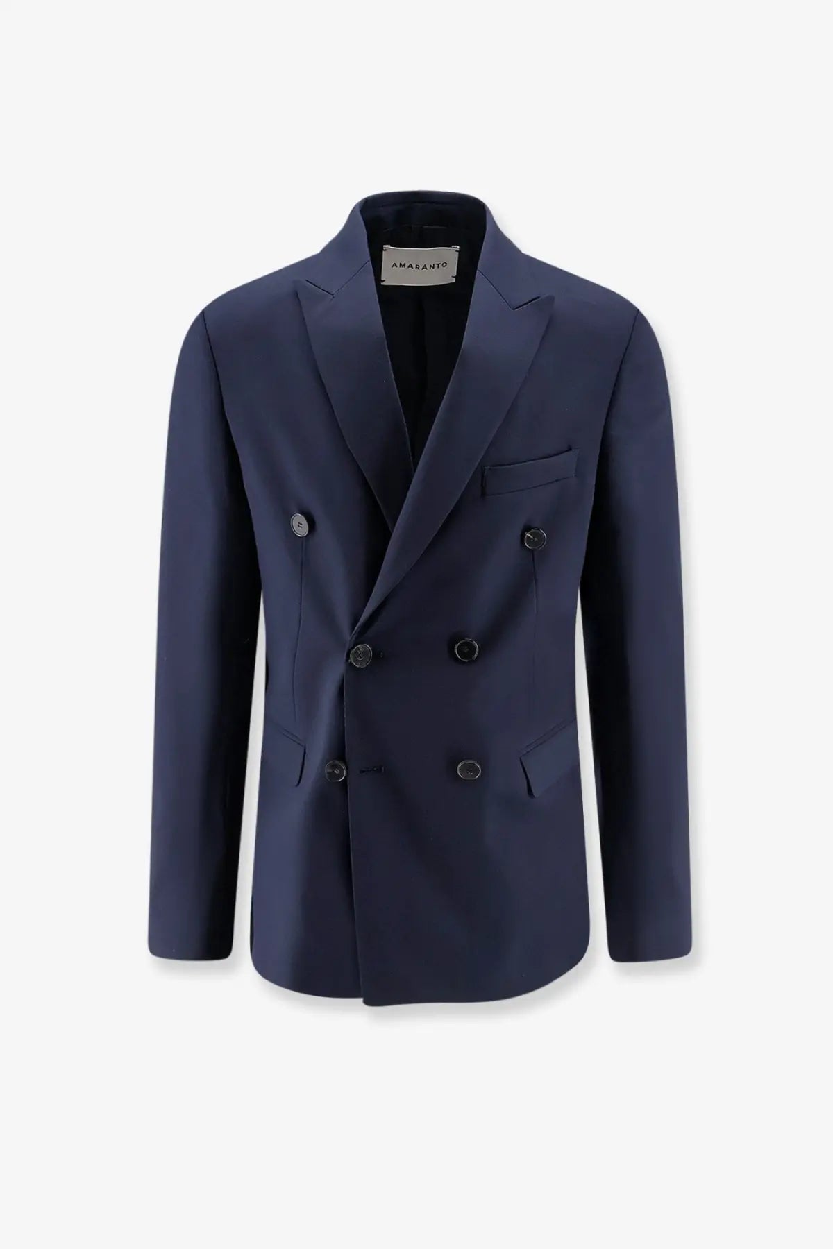 Amaránto men’s navy blue double-breasted virgin wool blend blazer with black buttons and subtle texture
