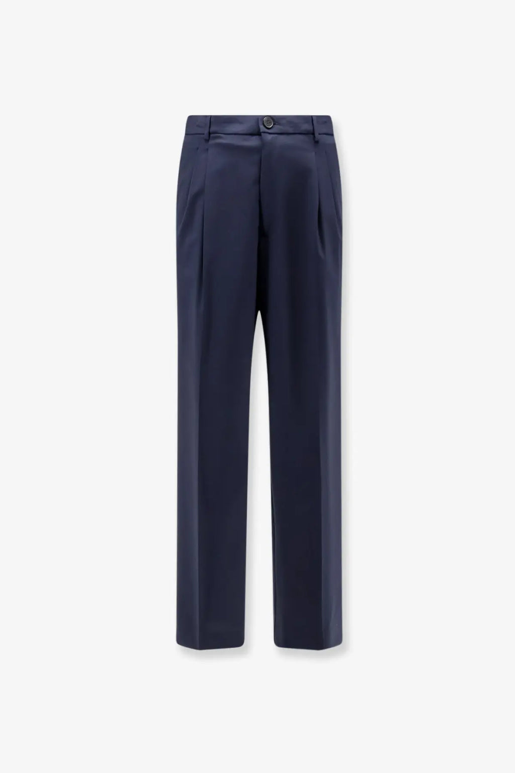 Navy blue tailored men’s virgin wool blend trousers with straight-leg cut and subtle front pleats by amaránto