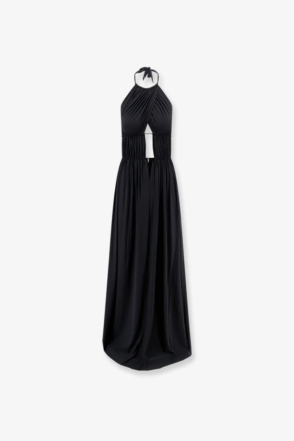 Amazuìn women’s amelia black jersey halter neck maxi dress with ruched bodice and central cutout detail