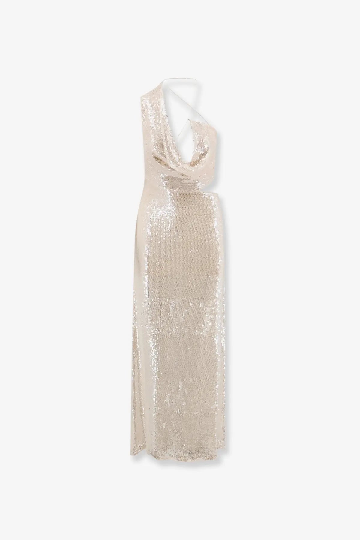 Amazuìn women’s Iselin long dress white shimmering champagne sequined halter gown with draped neckline and high slit
