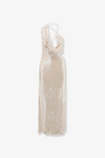 Amazuìn women’s Iselin long dress white shimmering champagne sequined halter gown with draped neckline and high slit