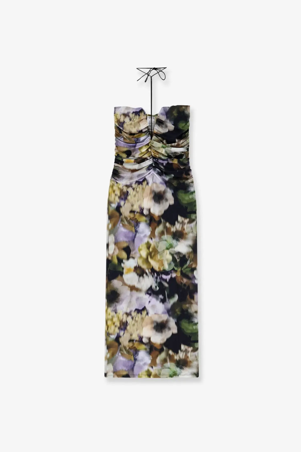 Amazuìn women’s natalie multicolor strapless ruched midi jersey dress with vibrant purple green and cream floral print