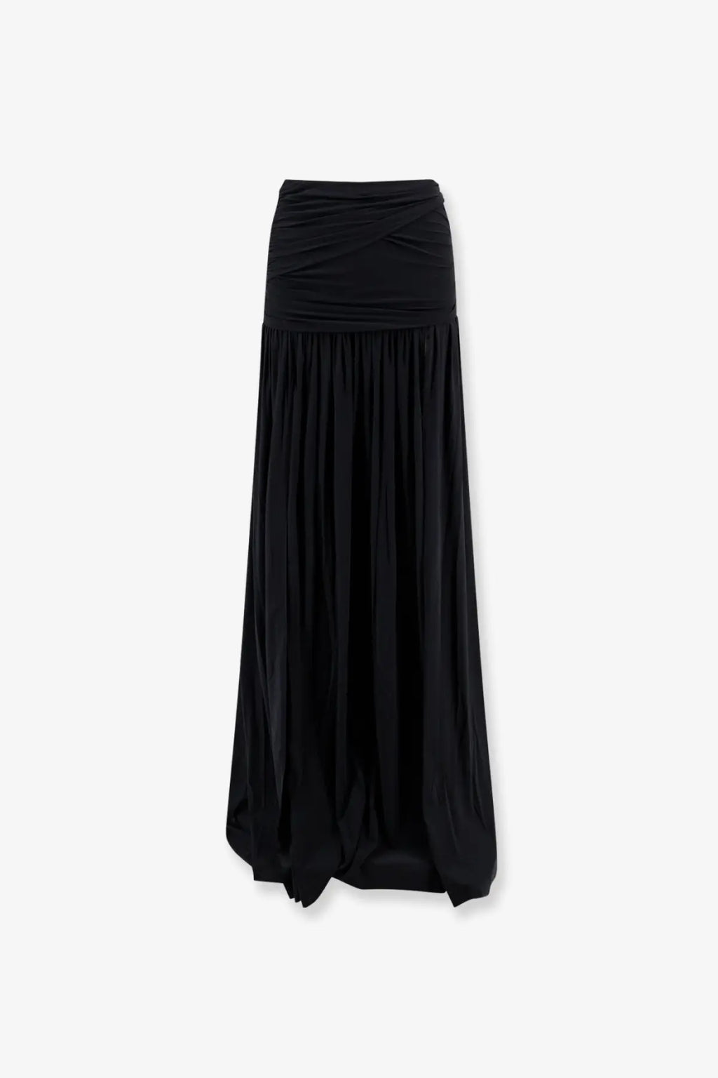 Amazuìn women’s Tayla stretch jersey skirt in black with flowing maxi design, gathered waistband, and soft pleats