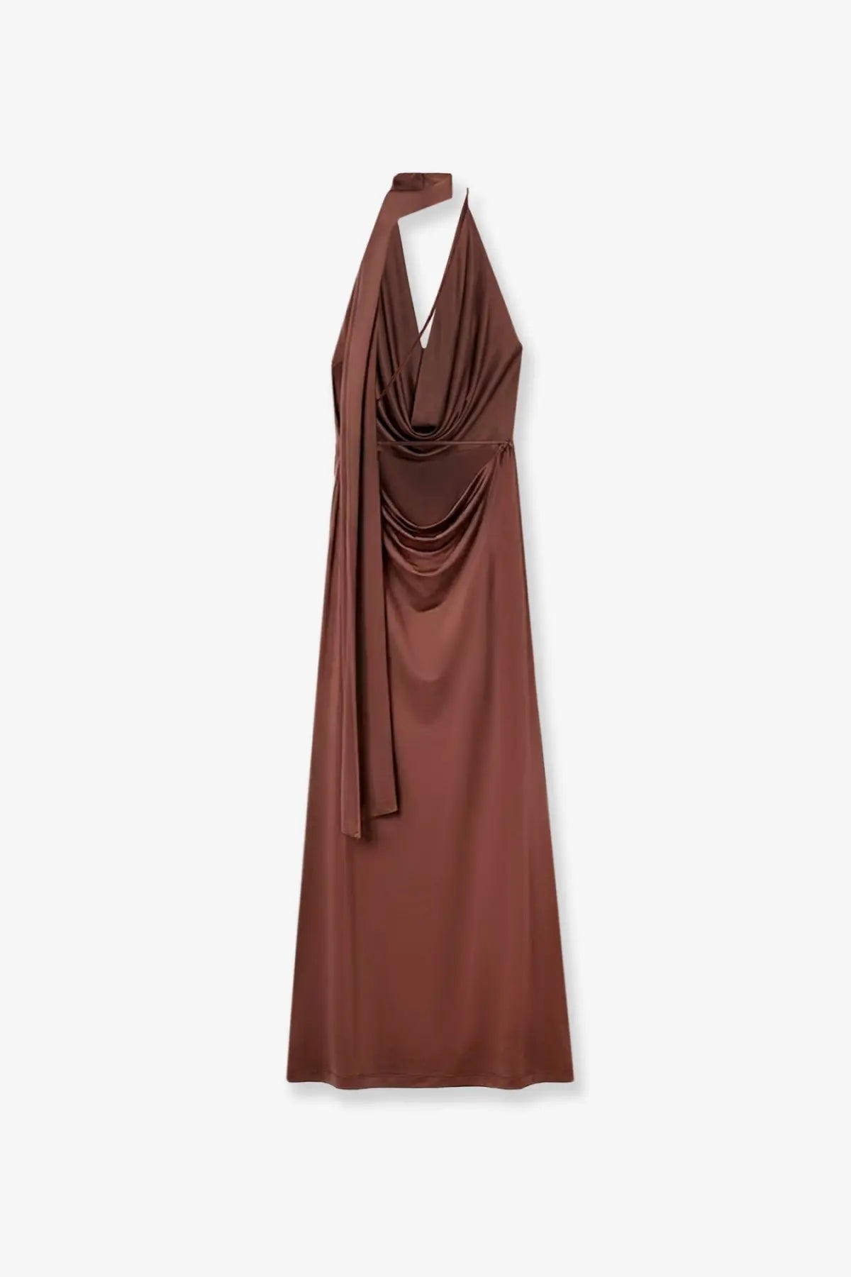 Amazuìn women’s vivienne jersey dress in brown with a sleek bronze satin halter draped front and flowing silhouette