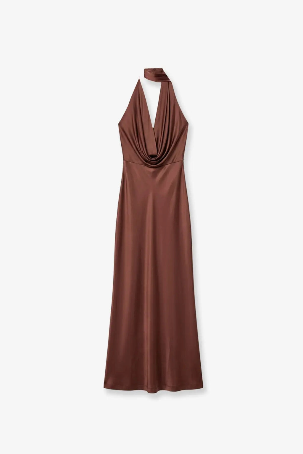 Amazuìn women’s vivienne brown satin halter-neck maxi dress with a draped cowl neckline in jersey fabric