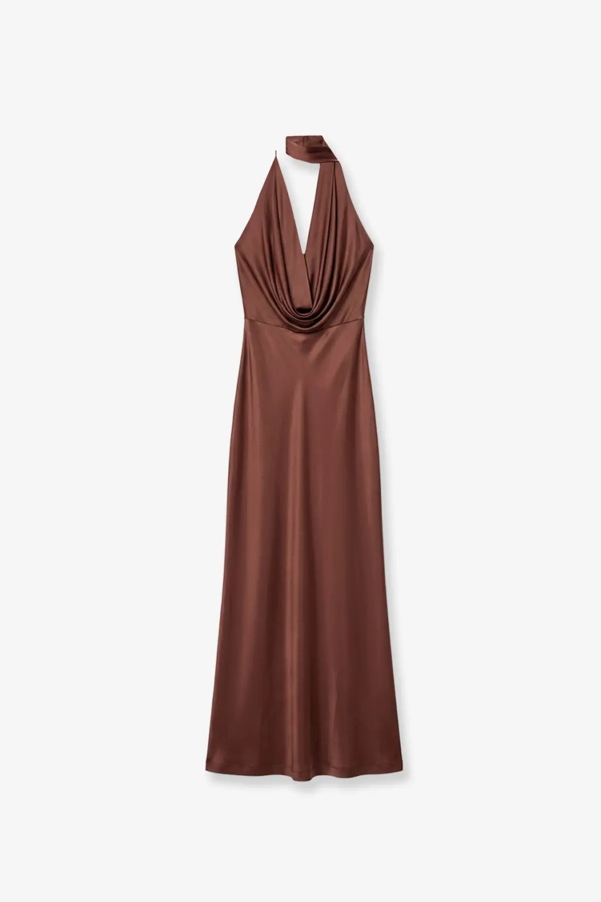 Amazuìn women’s vivienne brown satin halter-neck maxi dress with a draped cowl neckline in jersey fabric