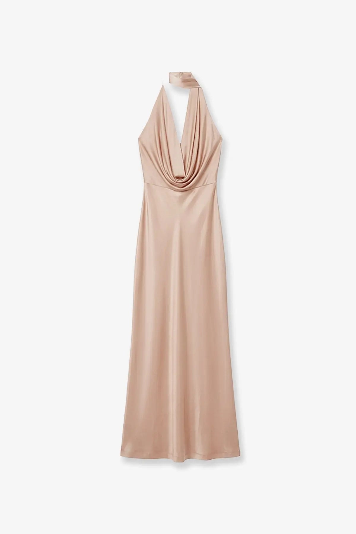 Amazuìn womens vivienne jersey dress opal featuring a sleek nude satin halter neck with draped cowl neckline and flowing silhouette