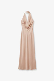 Amazuìn womens vivienne jersey dress opal featuring a sleek nude satin halter neck with draped cowl neckline and flowing silhouette