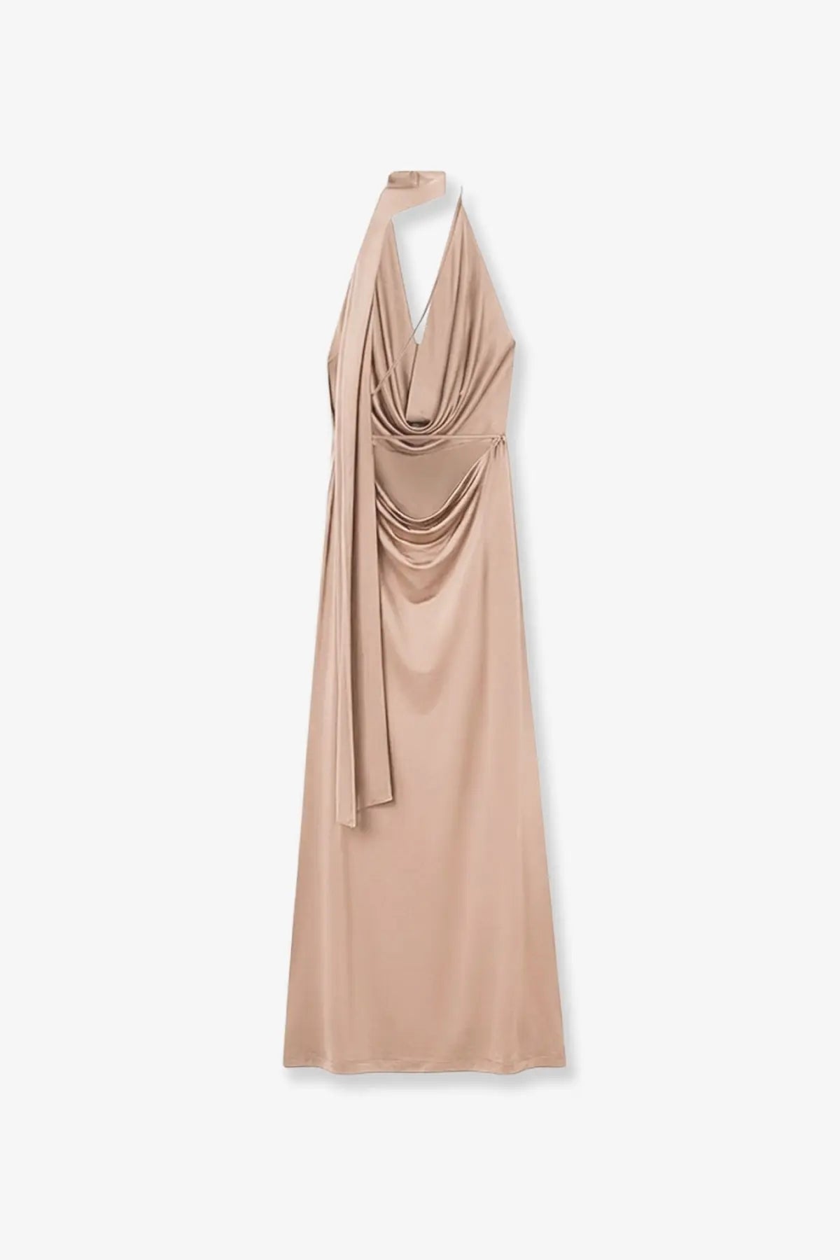 Amazuìn women’s vivienne jersey dress opal in sleek taupe satin with halter neck and draped flowing silhouette