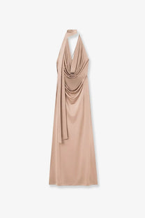 Amazuìn women’s vivienne jersey dress opal taupe satin halter gown with draped front and flowing silhouette