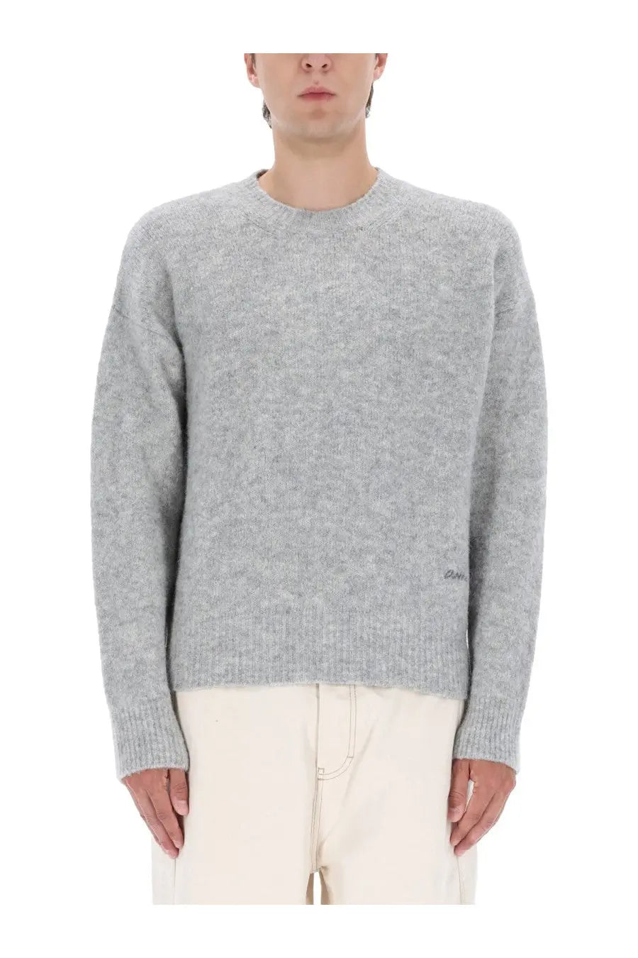 Ami Paris men’s alpaca sweater grey featuring a soft heather gray crewneck with subtle textured knit and ribbed cuffs