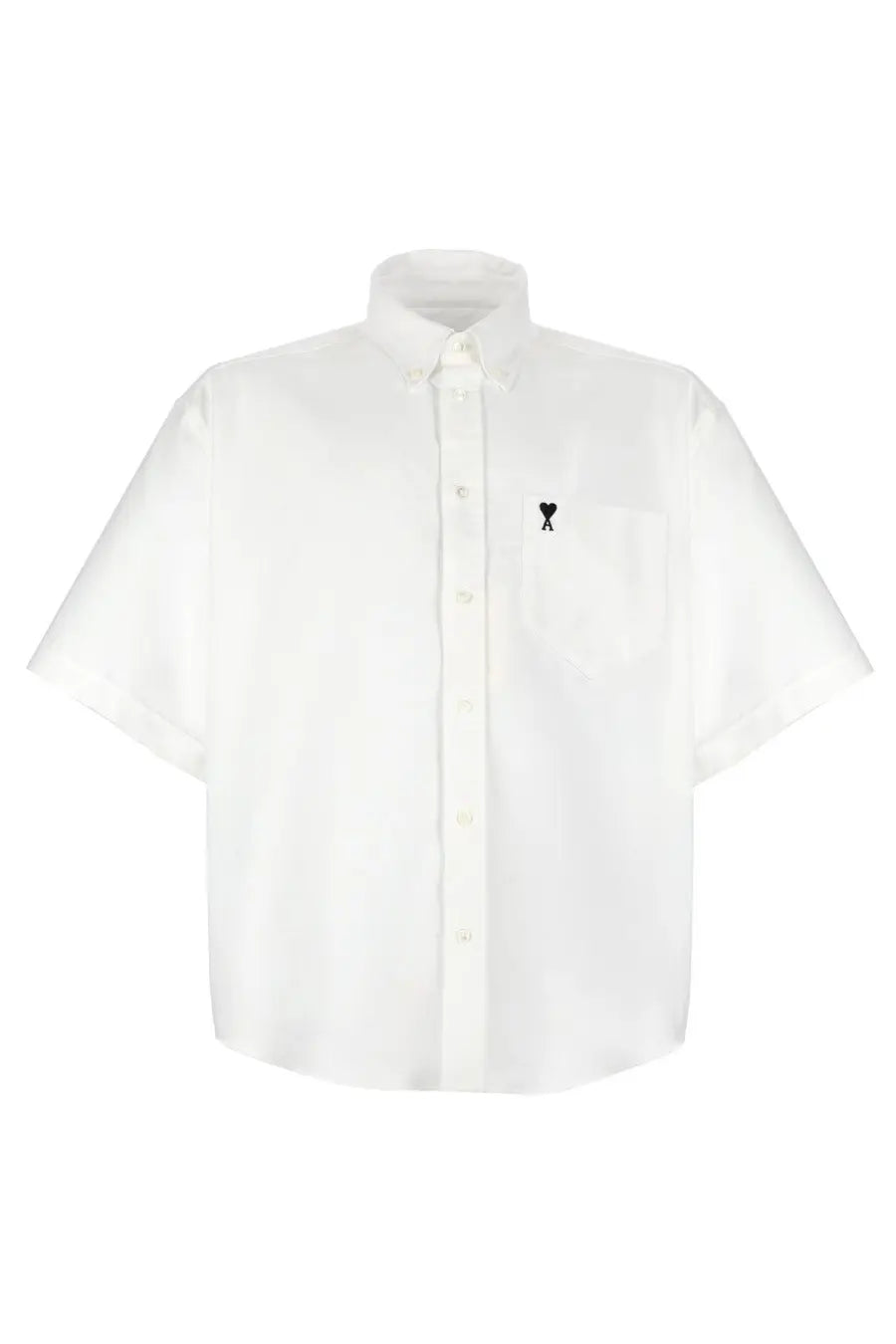 Ami paris men’s white short-sleeved button-up shirt with black embroidered logo on left chest pocket