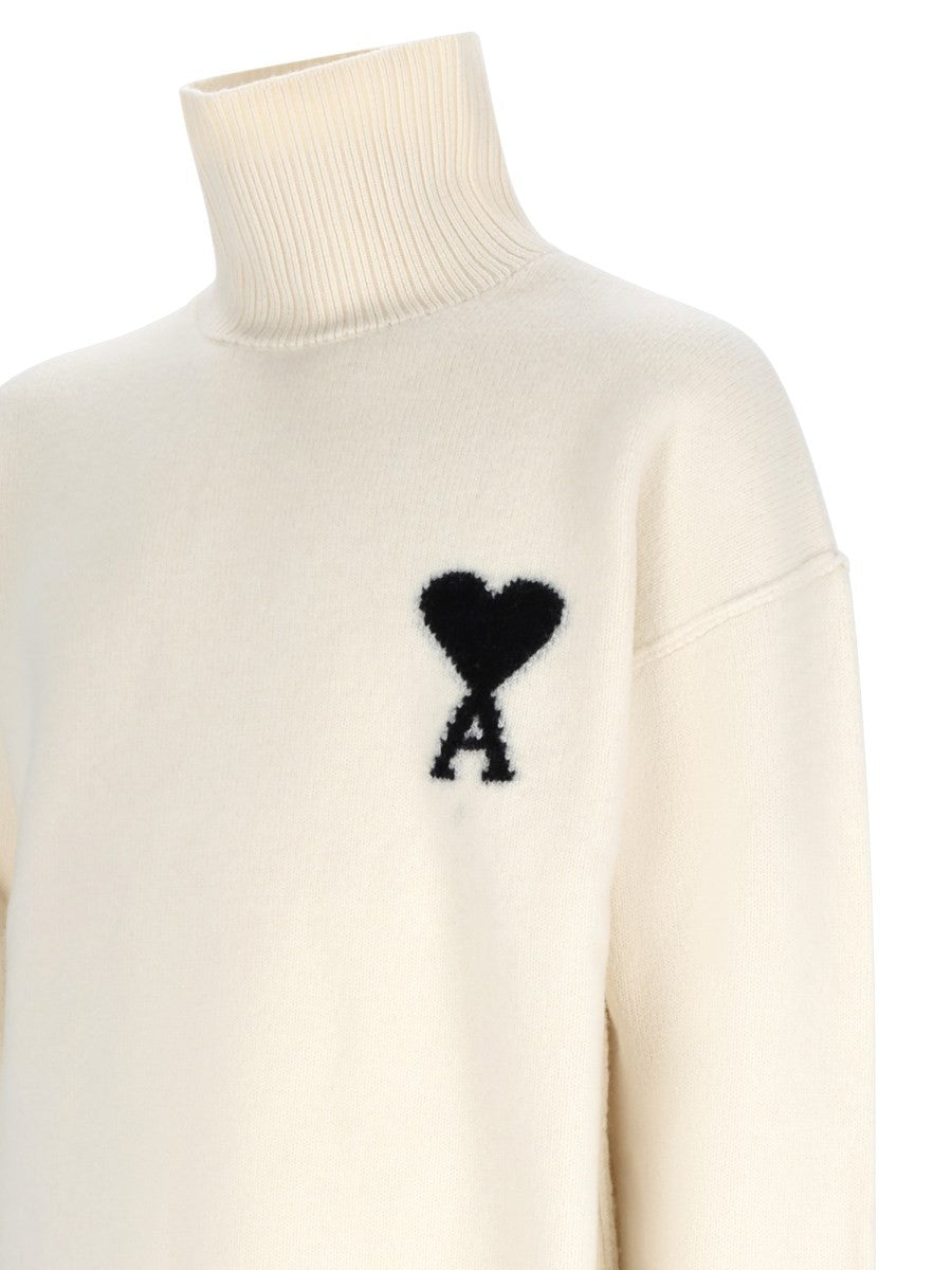 Ami Paris Men's Collar High Ami De Coeur Sweater White, view 3