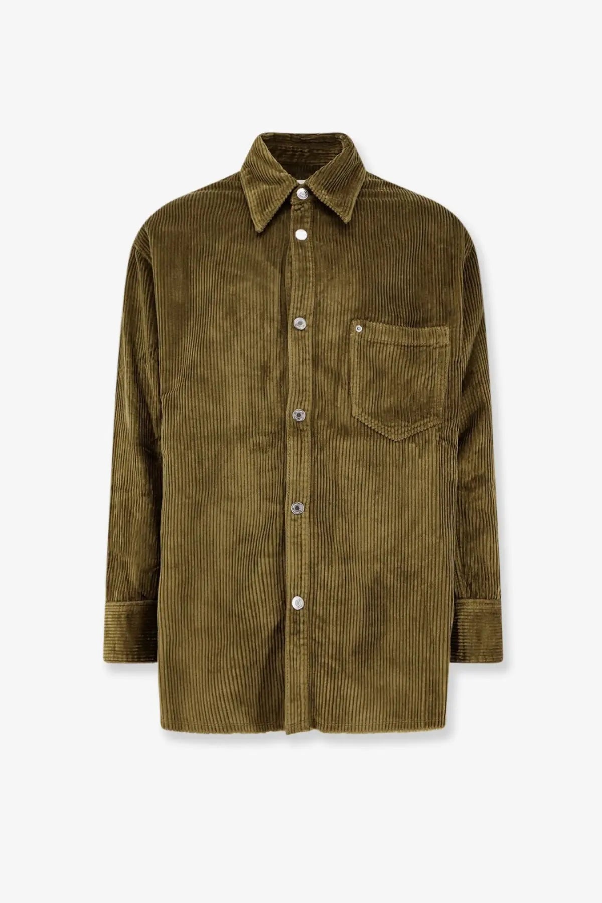 Ami Paris men’s olive green corduroy button-up shirt with classic collar and chest pocket in bronze tone