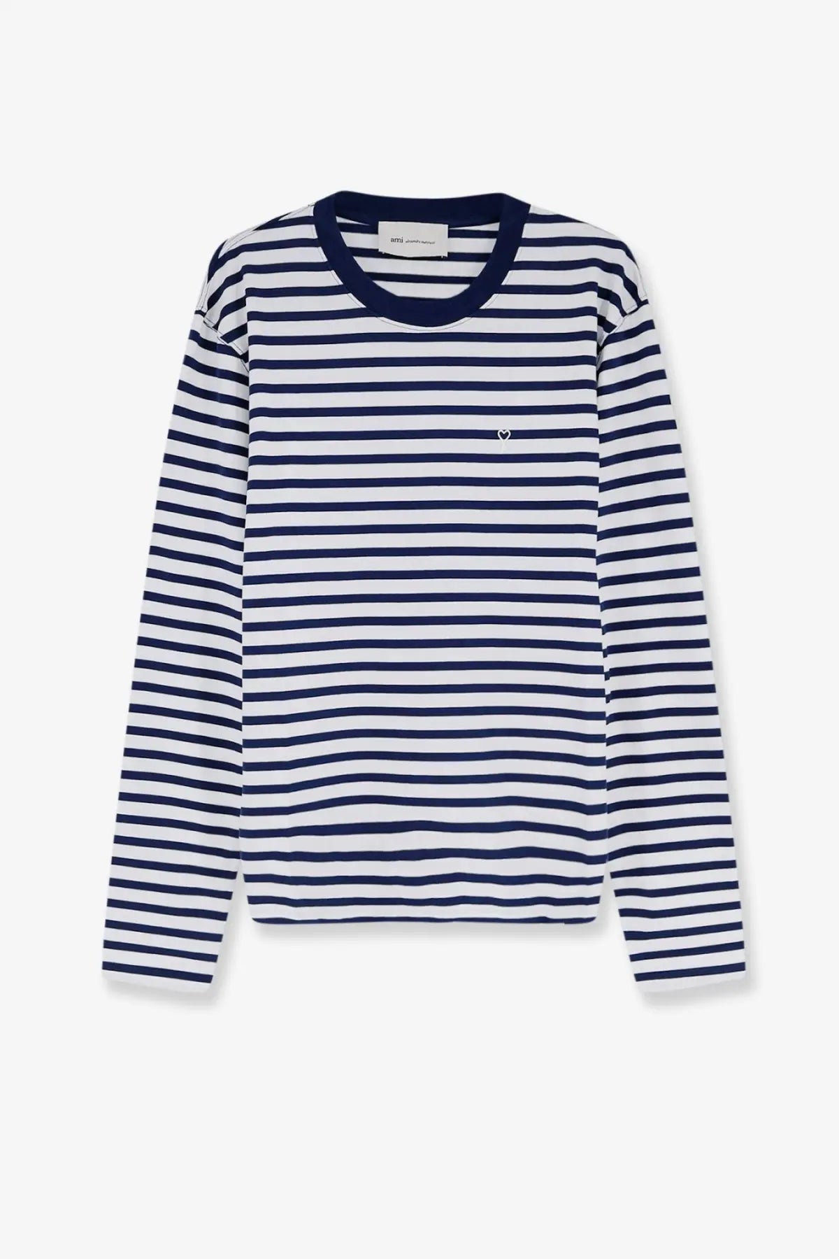Ami Paris men’s cotton shirt navy and white striped long-sleeved top with a small heart emblem on the chest