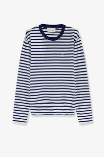 Ami Paris men’s cotton shirt navy and white striped long-sleeved top with a small heart emblem on the chest