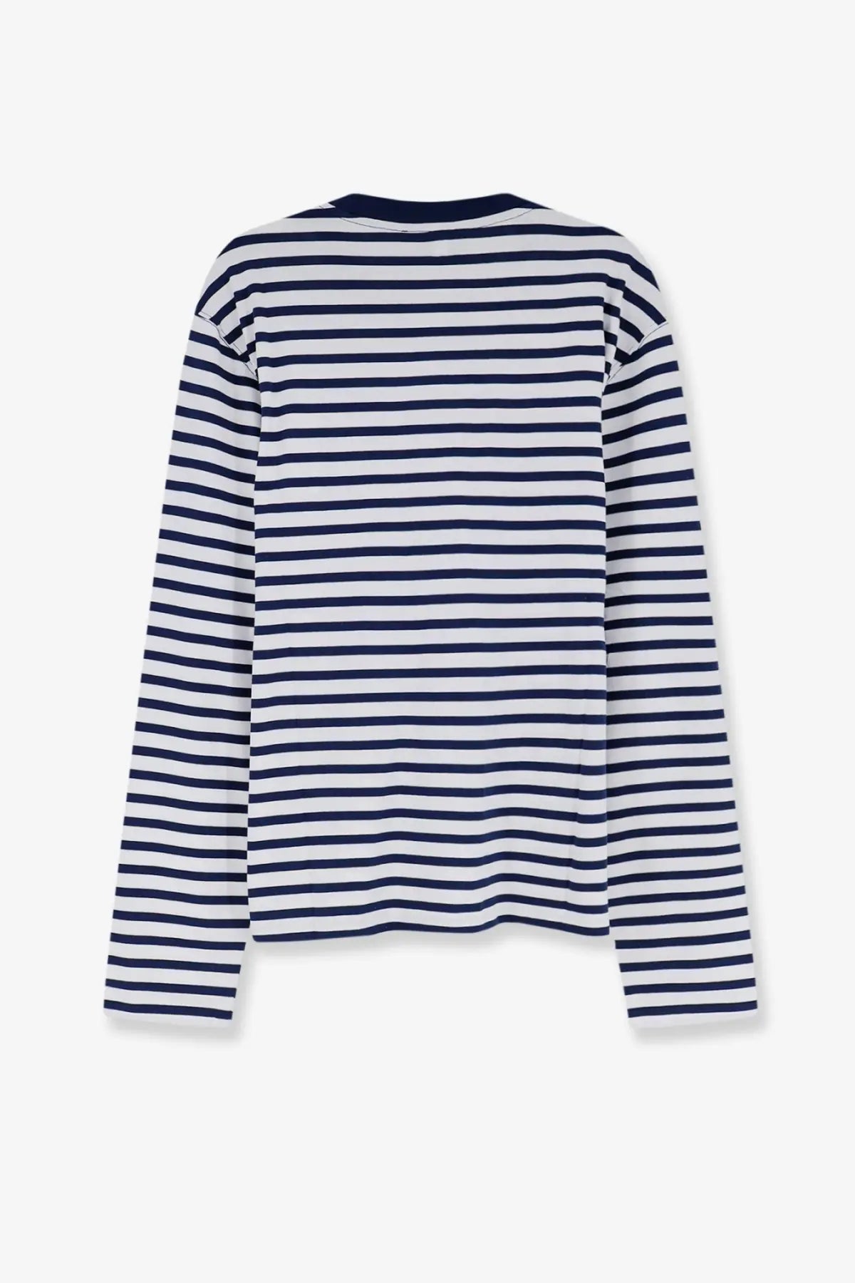 Ami Paris men’s cotton shirt with navy and white horizontal stripes and a classic crew neck long sleeve design