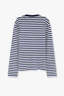 Ami Paris men’s cotton shirt with navy and white horizontal stripes and a classic crew neck long sleeve design