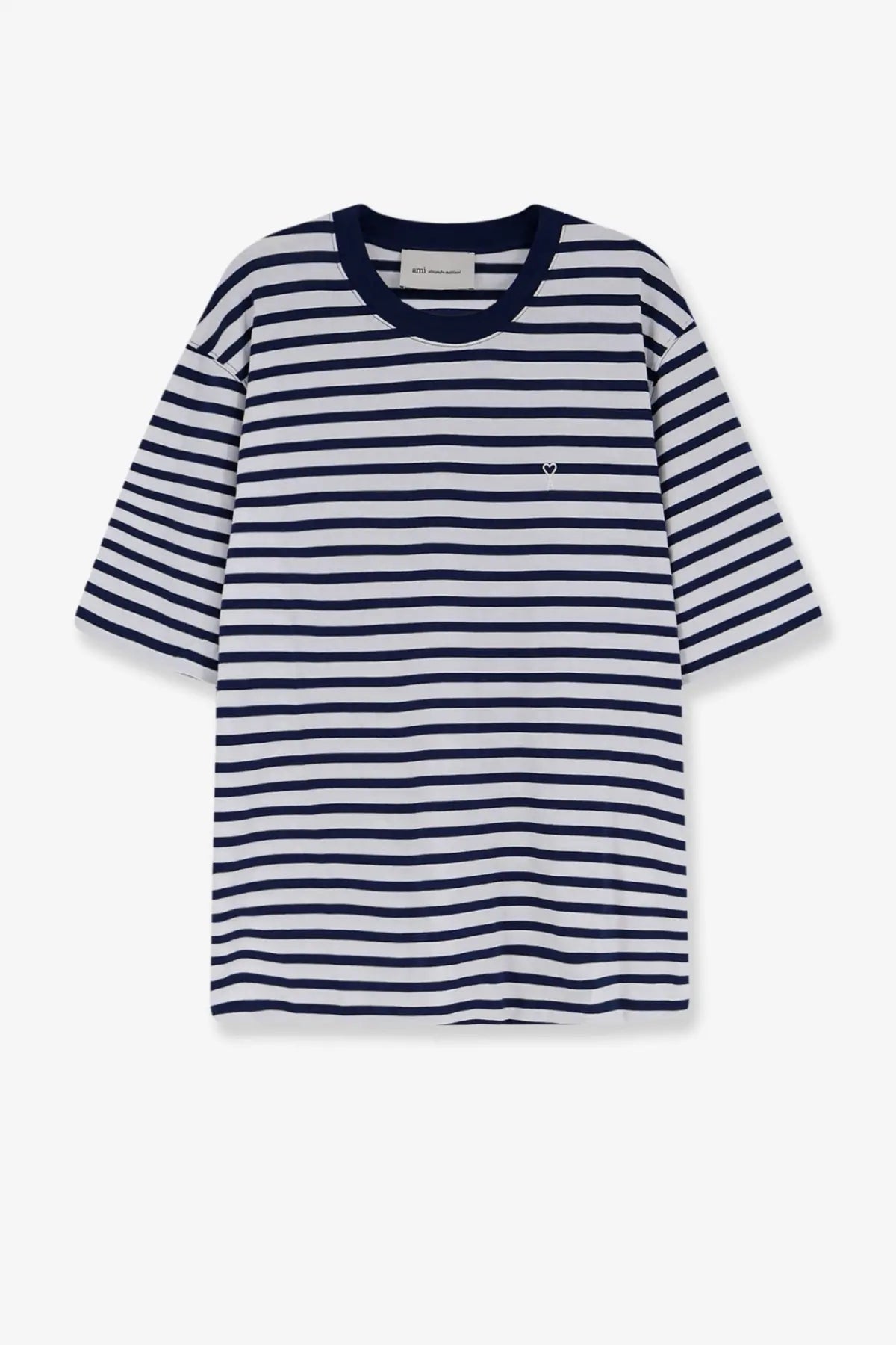 Ami Paris men’s cotton navy and white striped short-sleeve t-shirt with heart embroidery on the chest multicolor