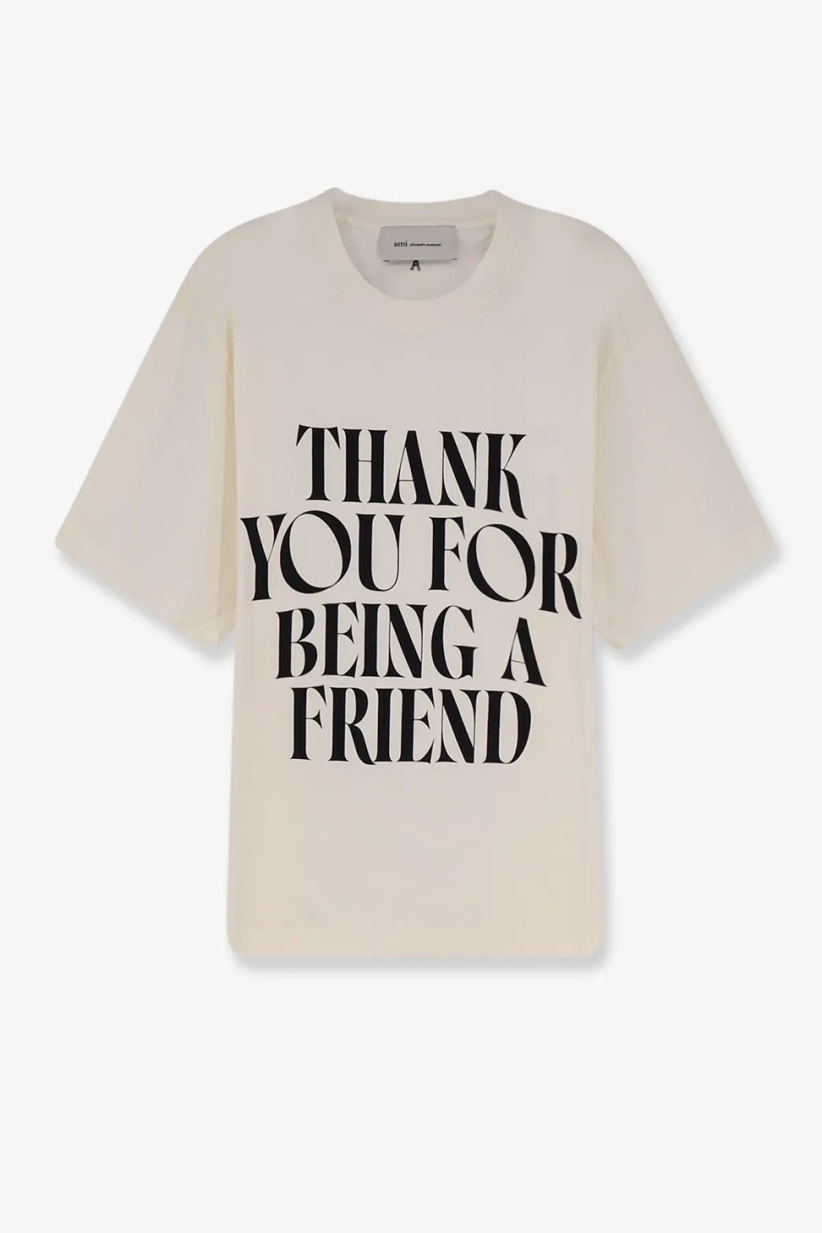 Ami Paris men’s cream-colored cotton t-shirt with bold black thank you for being a friend graphic on chest
