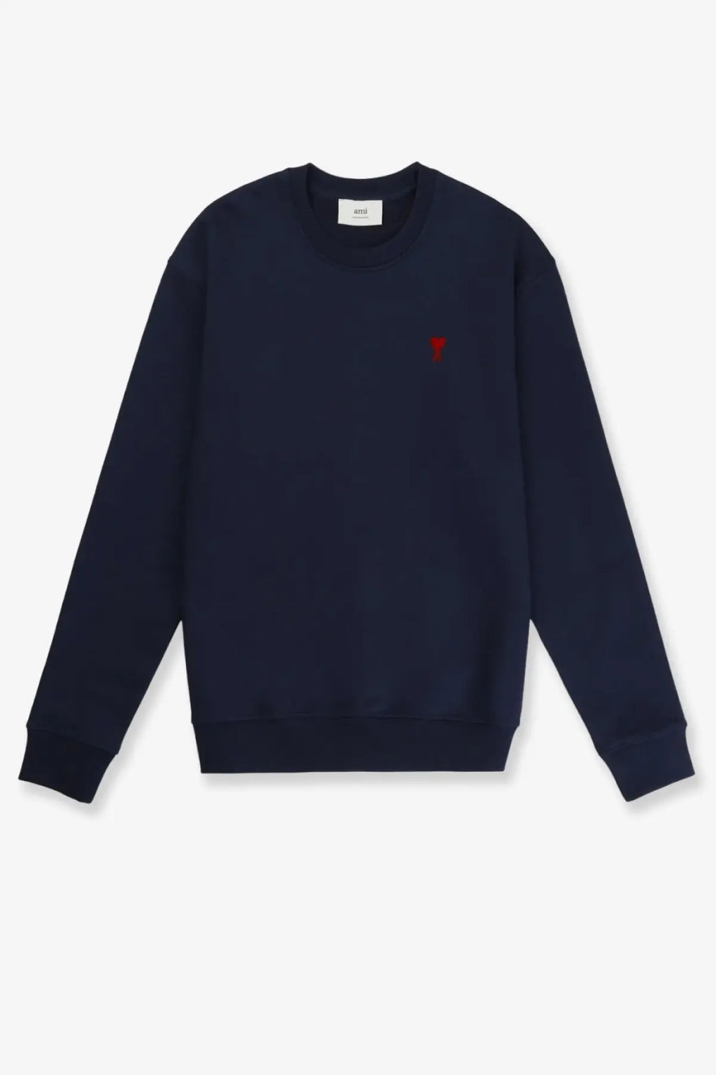 Navy blue amiparis men’s cotton crewneck sweatshirt with small red embroidered logo on left chest