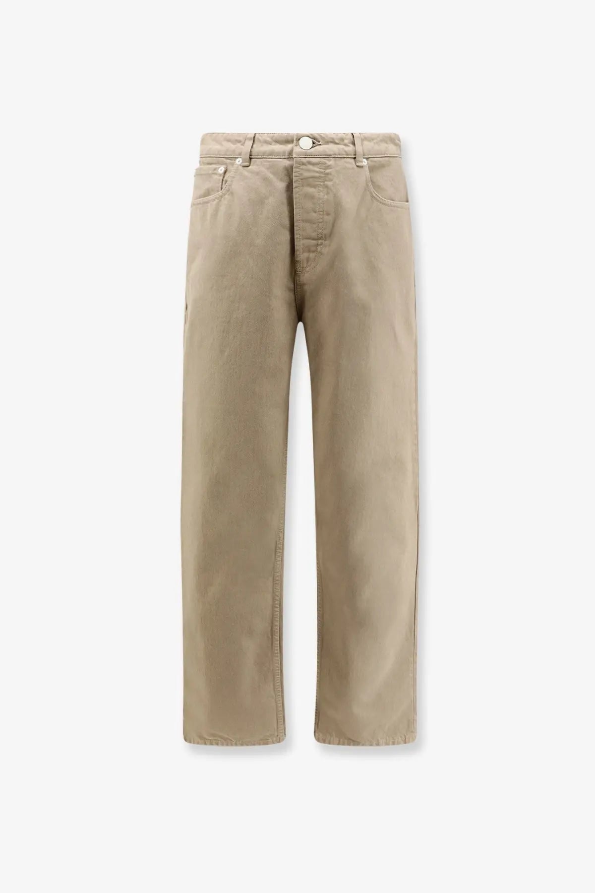 Ami Paris men’s beige cotton straight-leg denim trousers with classic five-pocket design and silver-toned hardware