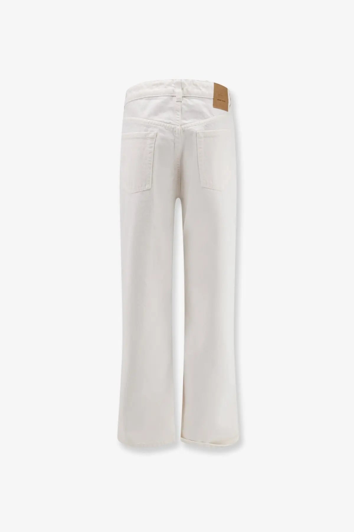 Ami paris men’s cotton trousers in white with wide-leg denim design and tan leather brand patch at the waistband
