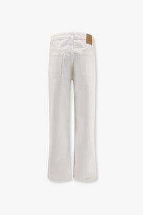 Ami paris men’s cotton trousers in white with wide-leg denim design and tan leather brand patch at the waistband