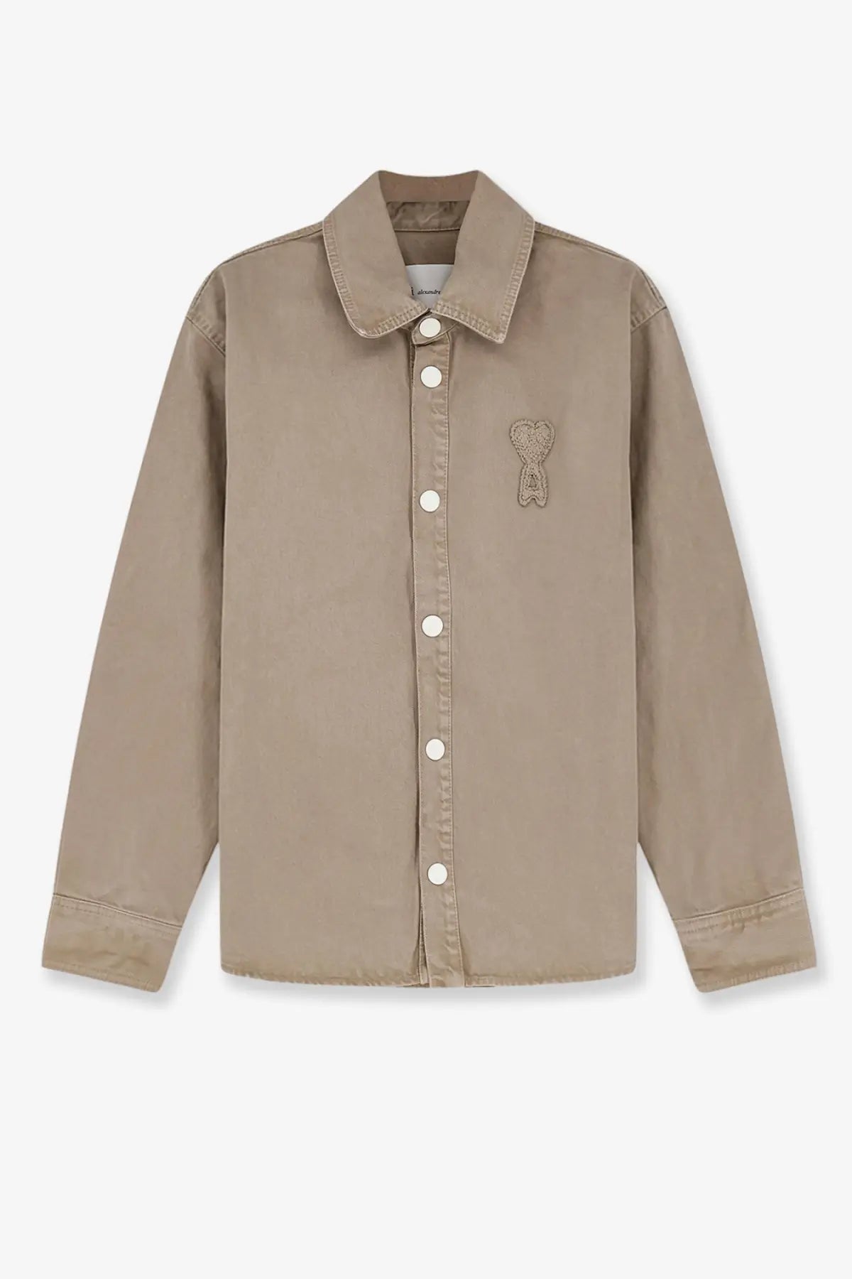 Beige cotton button-up ami paris men’s ami de coeur shirt with subtle embroidered heart logo on left chest