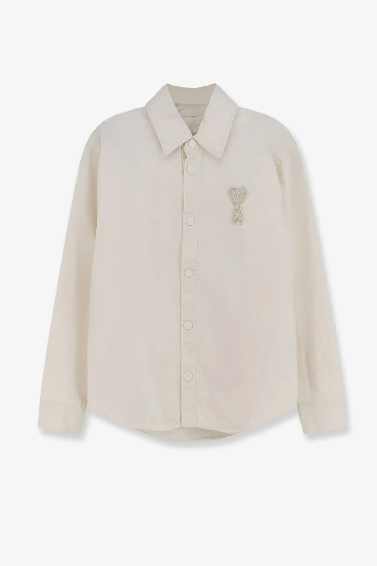 Cream-colored ami paris men’s ami de coeur cotton shirt with long sleeves and heart-shaped embroidered patch on chest