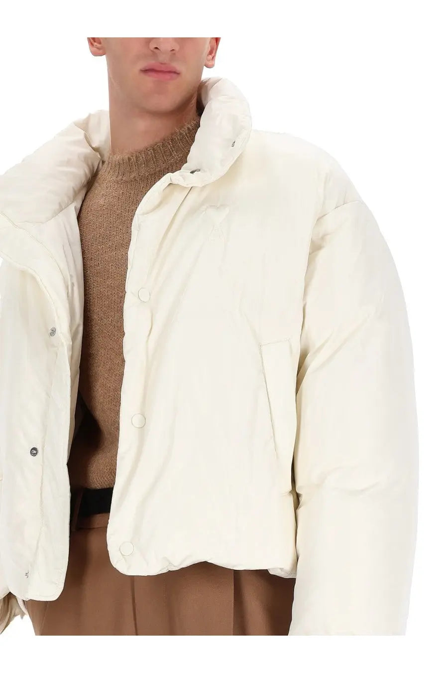 Cream-colored ami paris men’s ami de coeur down jacket with quilted design and silver-toned buttons